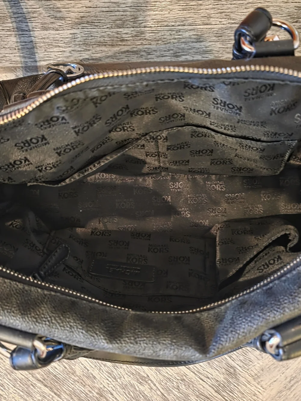 Michael Kors Black Leather Satchel with MK Charm and Adjustable Strap